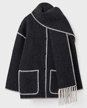 Warm Coats with Scarf Elegant Long Sleeve Pocket Single Breasted Jackets Autumn Winter Lady Loose Streetwear